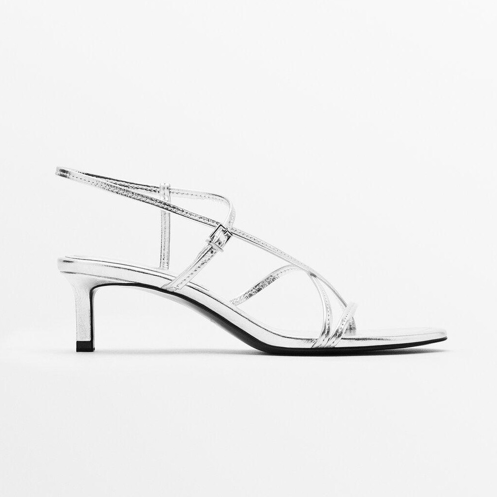 Massimo Duti Silver Heeled Leather Multi-Strapped Sandals